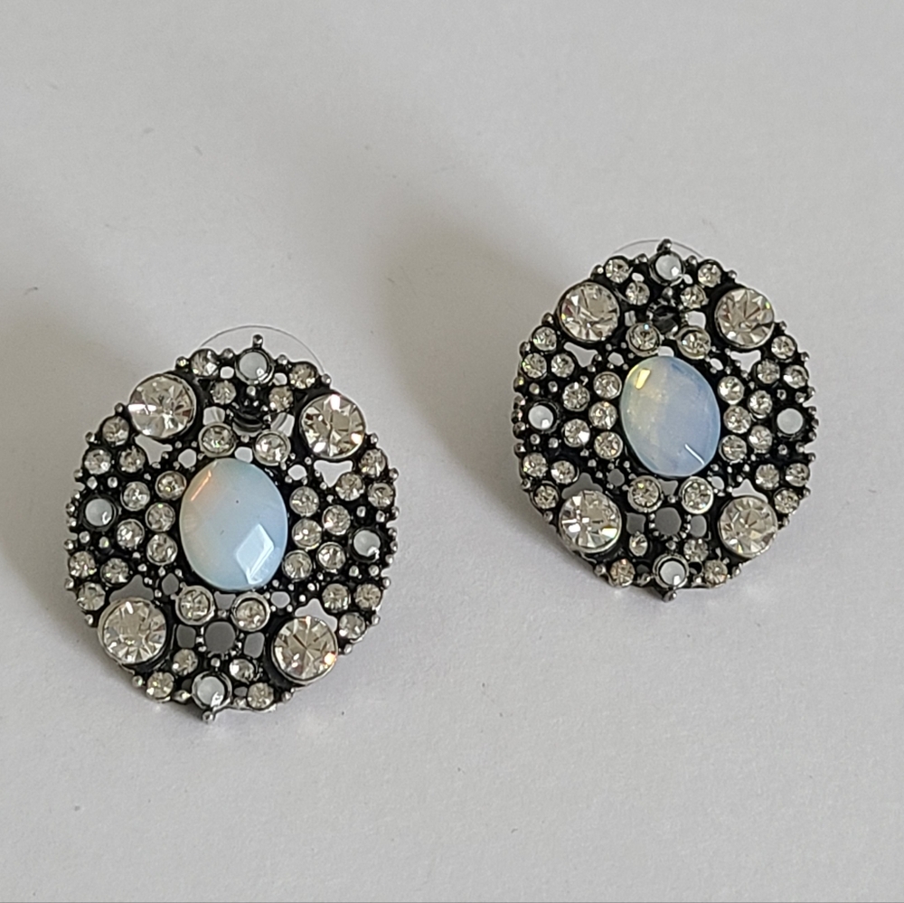 Vintage Chunky Opaline Glass Crystal Rhinestone Cluster Big Oval Stud Earrings